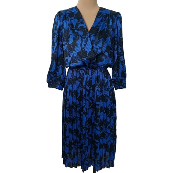 Vintage Dresses & Skirts - Vintage 80s Alexis Womens Sz 8 Semi Sheer Blue Black Abstract Artsy Midi Dress